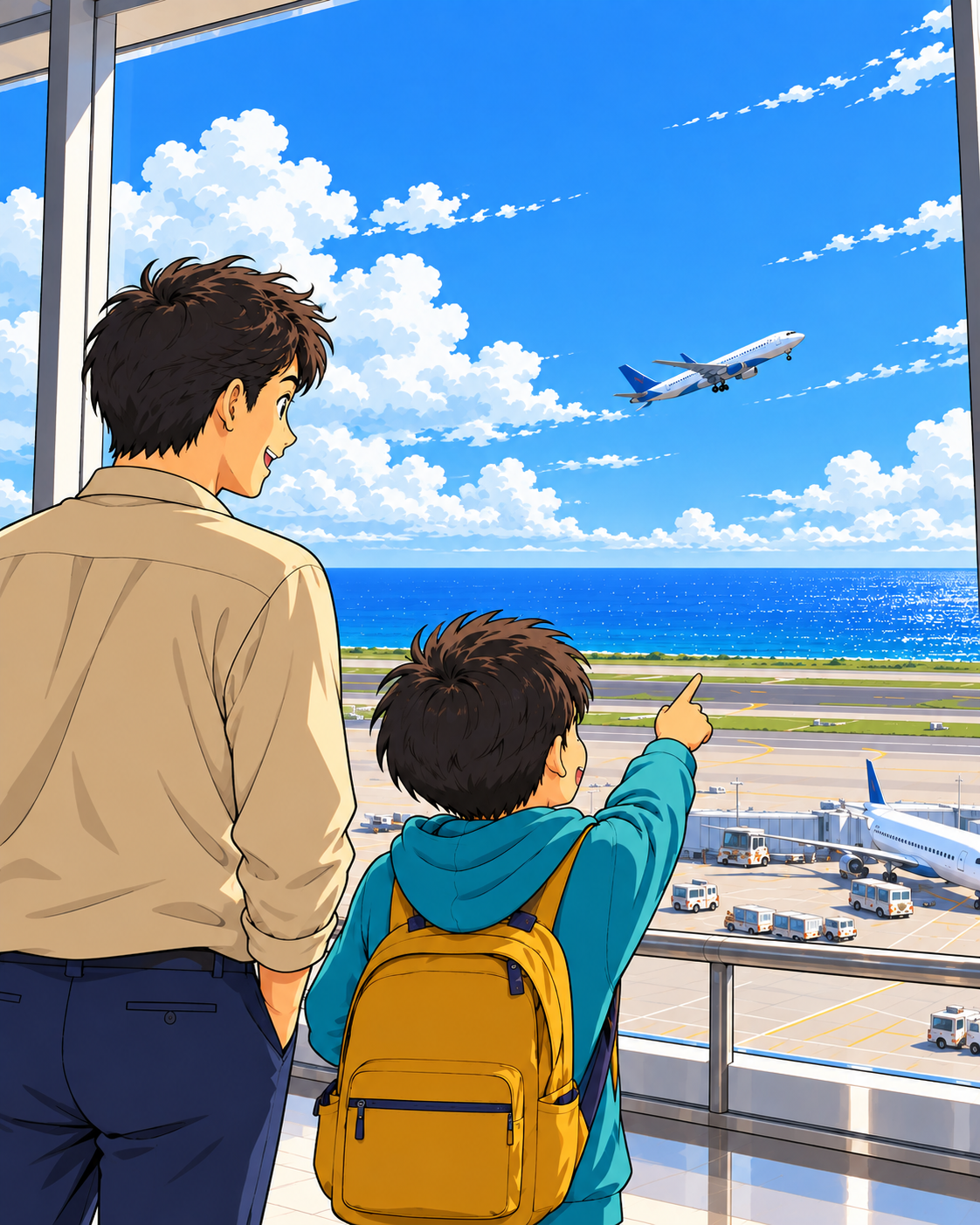 空港の窓から飛行機を眺める親子