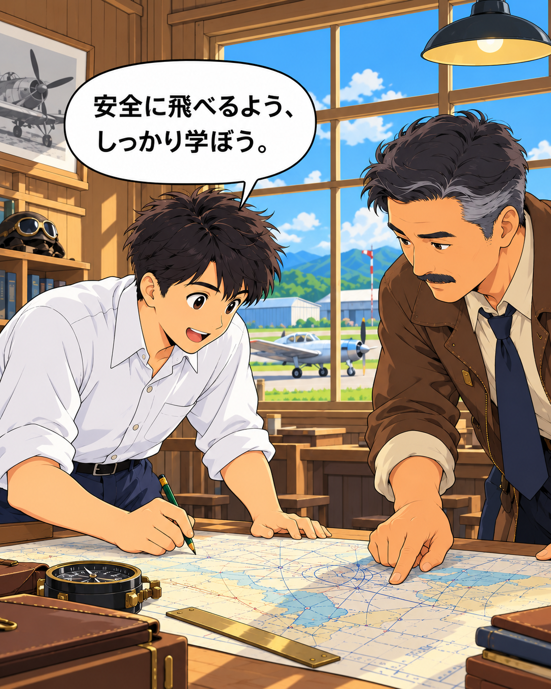 飛行について学ぶ学生と教官