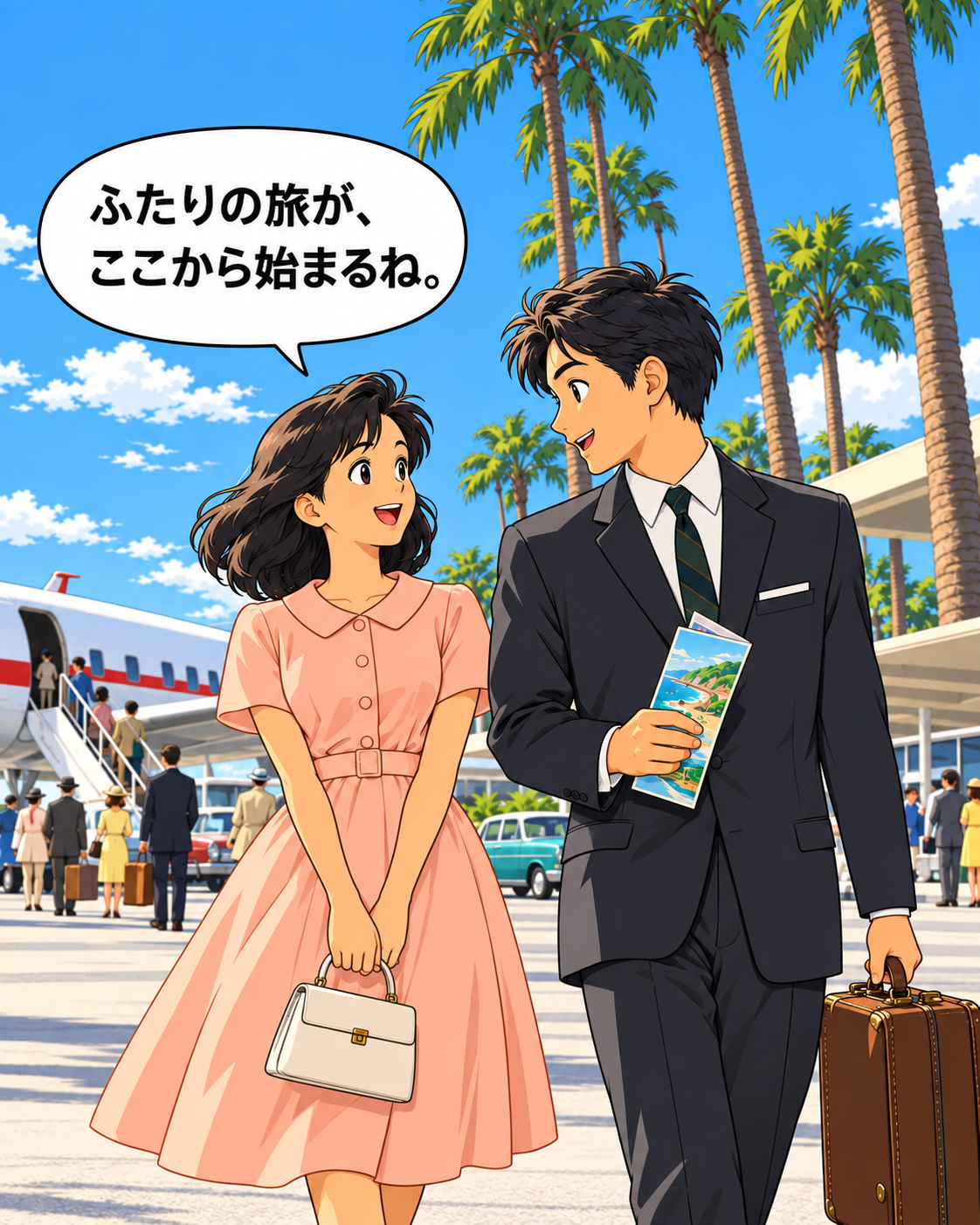 宮崎に到着した新婚旅行の夫婦