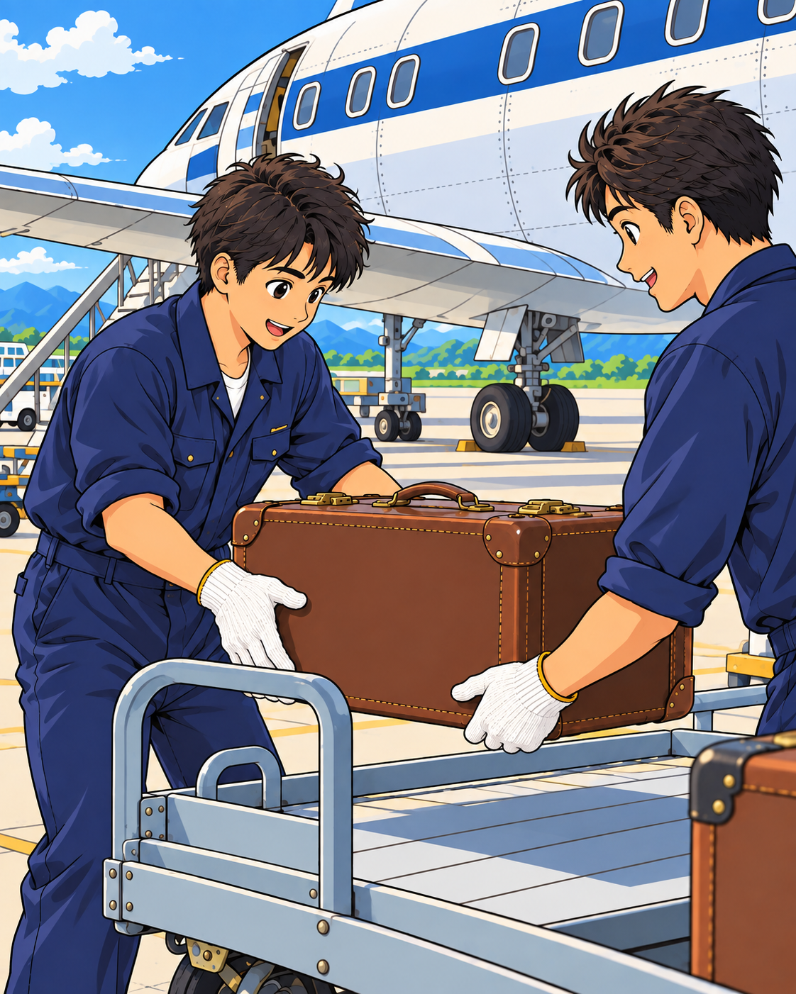 旅行者の荷物を扱う地上の係員