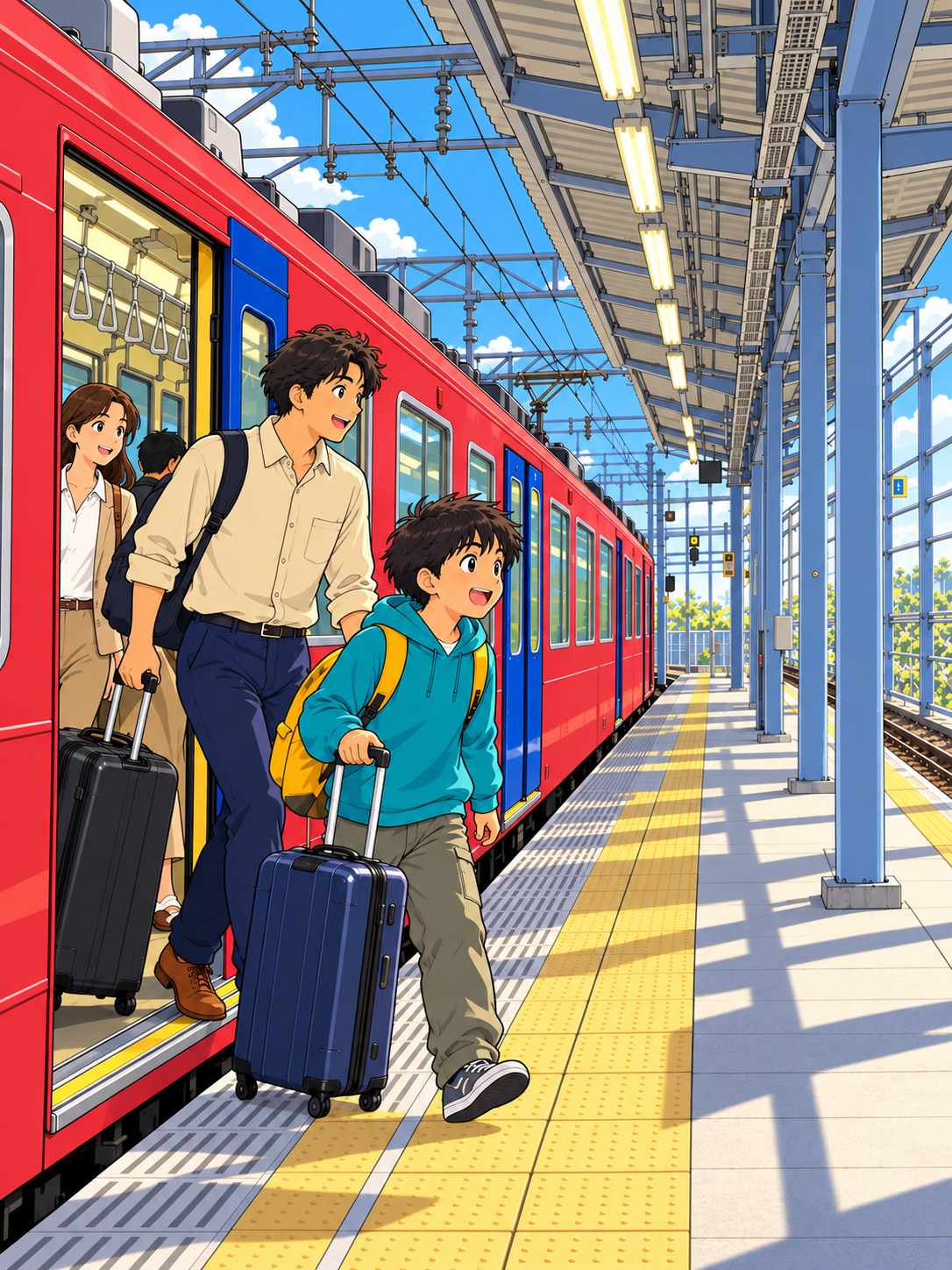 空港の駅で列車を降りる旅行者