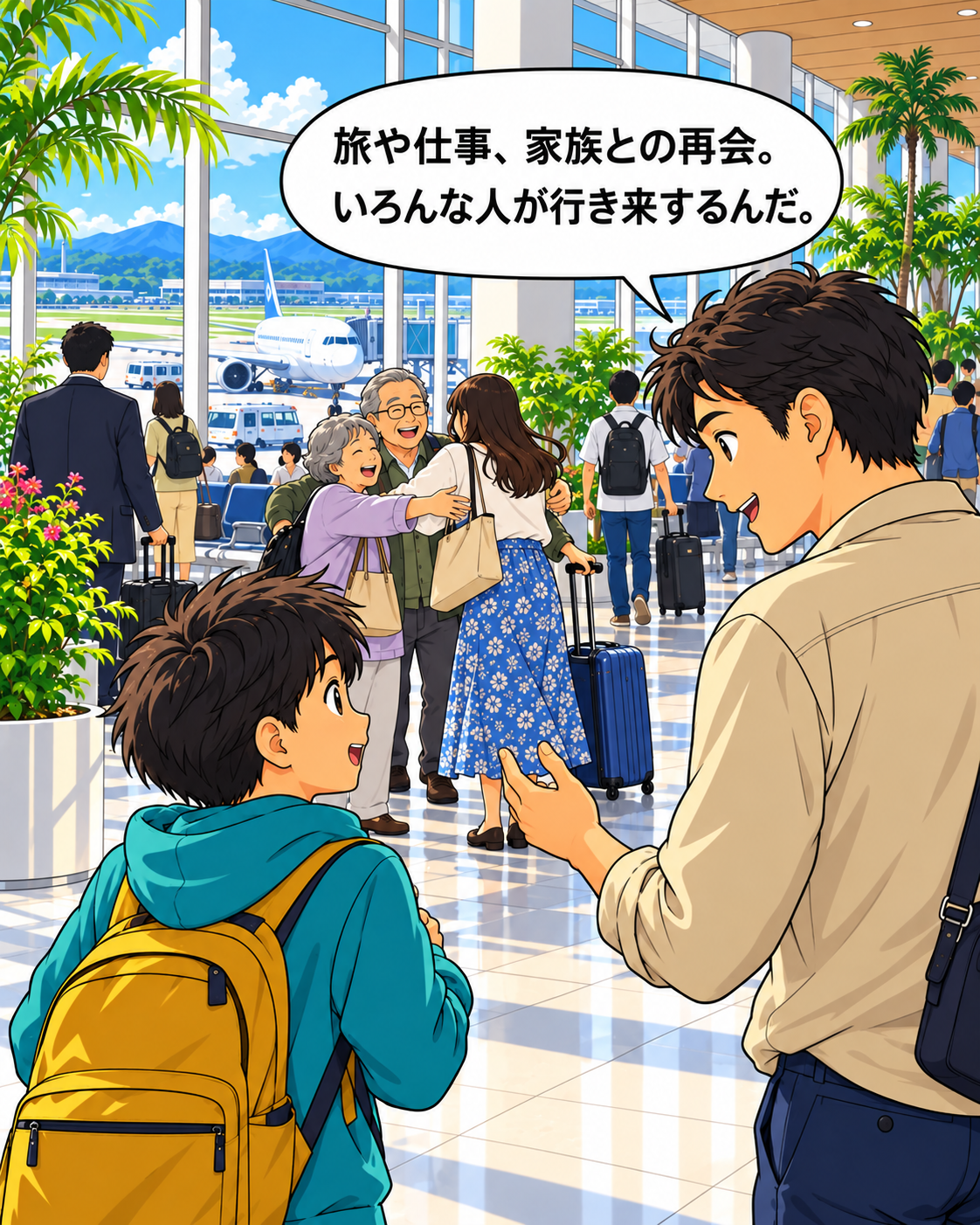 空港を行き来する人々について話す親子