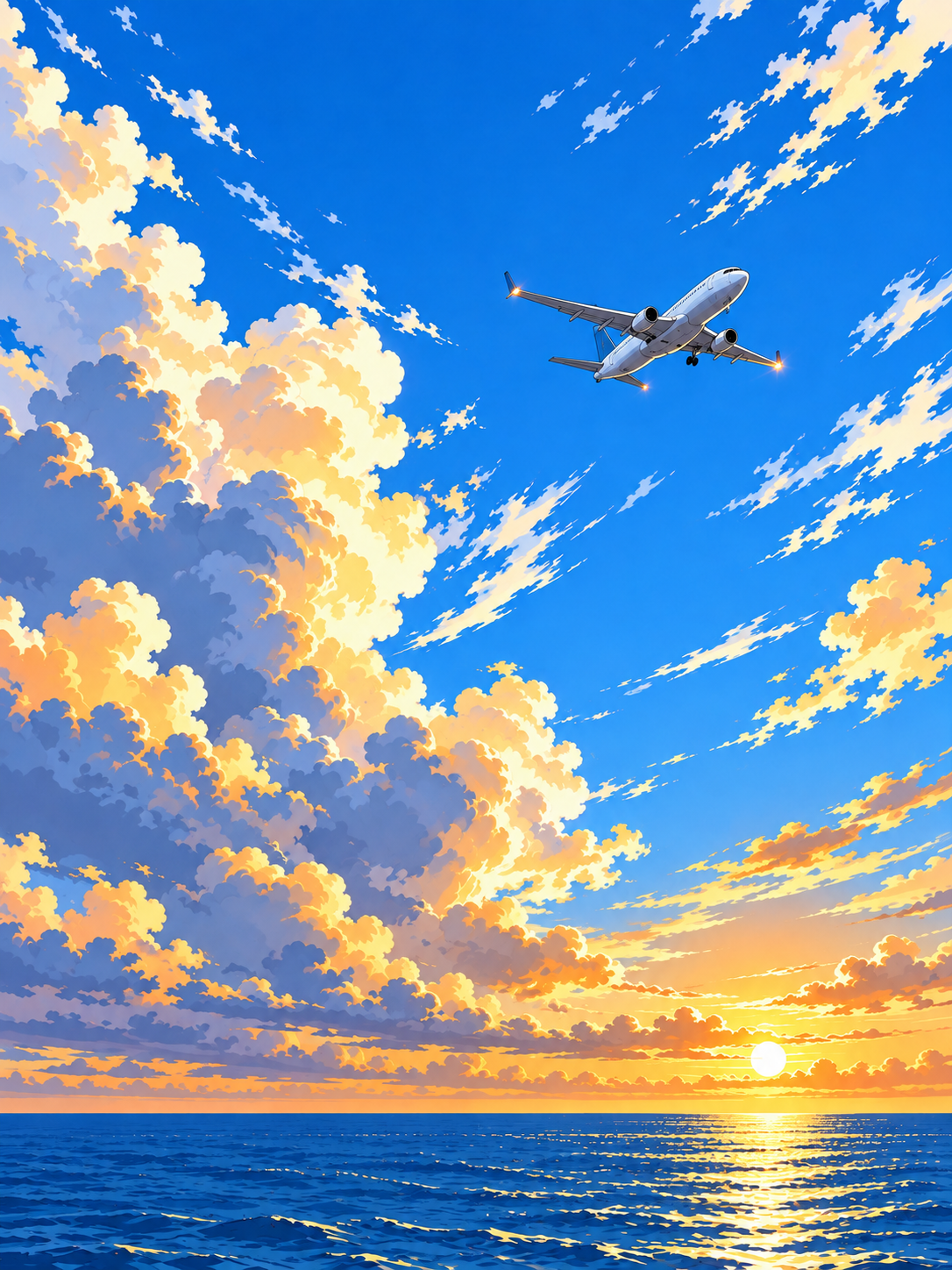 大きな空へ飛んでいく旅客機